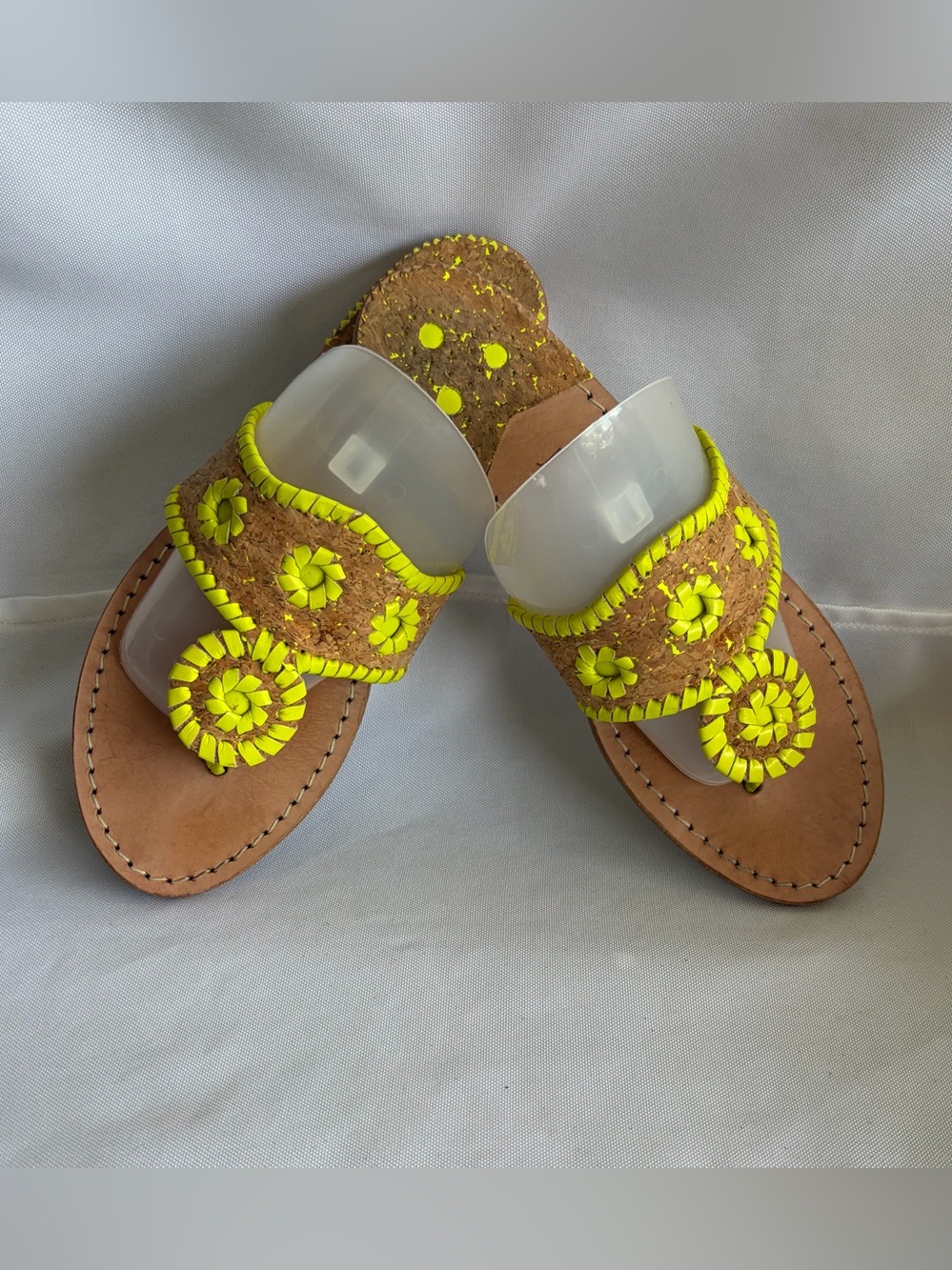 Jack Rogers Sandals Womens 6.5M Neon Yellow Cork Toe-Post Floral Whipstitch Flat